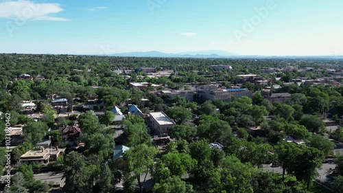 Aerial view of houses and buildings in Santa Fe, New Mexico. USA.