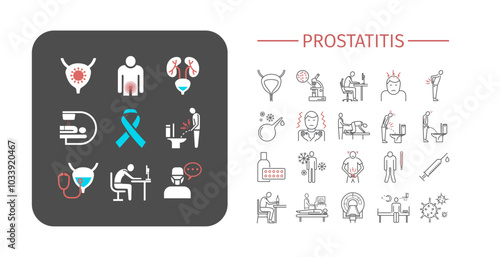 Prostate Cancer symptoms, diagnostic and treatment icon set. Line editable medical line icons.