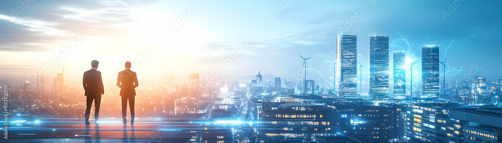 Futuristic City Powered by Holographic Renewable Energy Sources - Wind Turbines, Solar Panels, and Hydroelectric Dams with Glowing Energy Streams - Dynamic Panning Shot with Discussion of Setup Futuristic City Powered by Holographic Renewable Energy Sources - Wind Turbines, Solar Panels, and Hydroelectric Dams with Glowing Energy Streams - Dynamic Panning Shot with Discussion of Setup