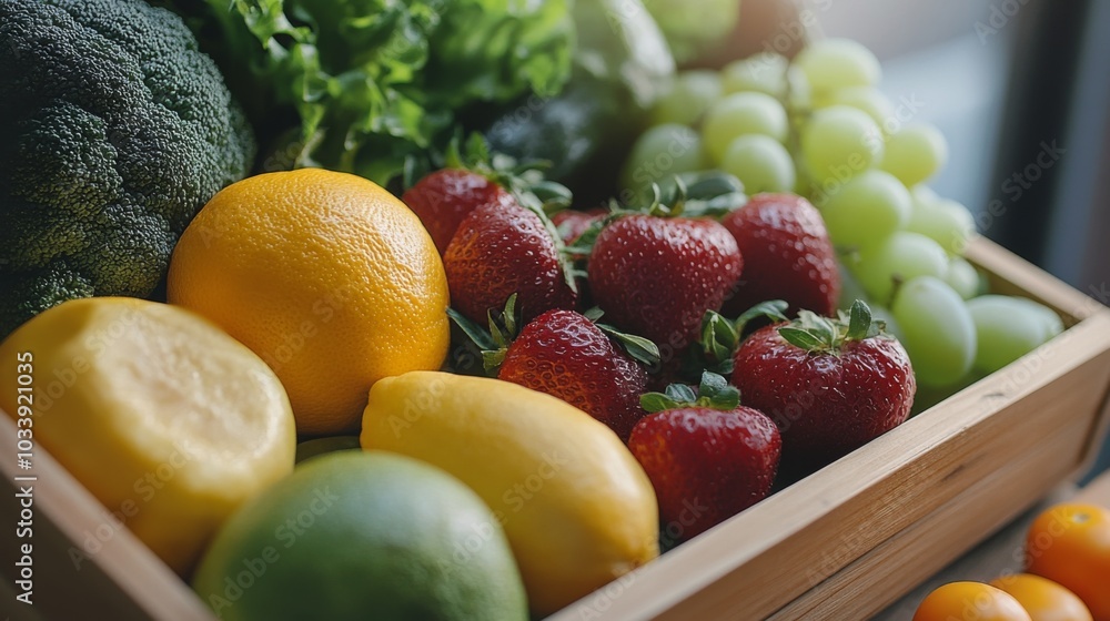 Fresh Fruits and Vegetables in Wooden Box Fresh Fruits and Vegetables in Wooden Box
