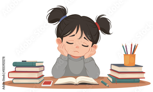  Frustrated Girl Studying with Books