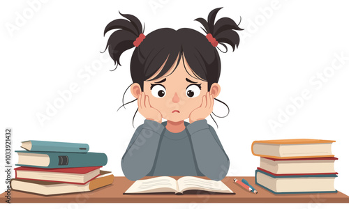  Frustrated Girl Studying with Books