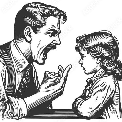 Father man angrily yelling at a daughter child, portraying tension and conflict in family dynamics sketch engraving generative ai vector illustration. Scratch board imitation. Black and white image.
