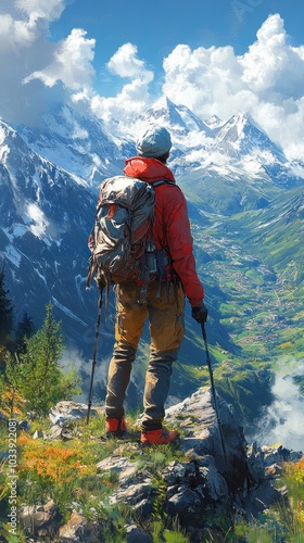 Hiker admiring breathtaking mountain landscape under a blue sky.