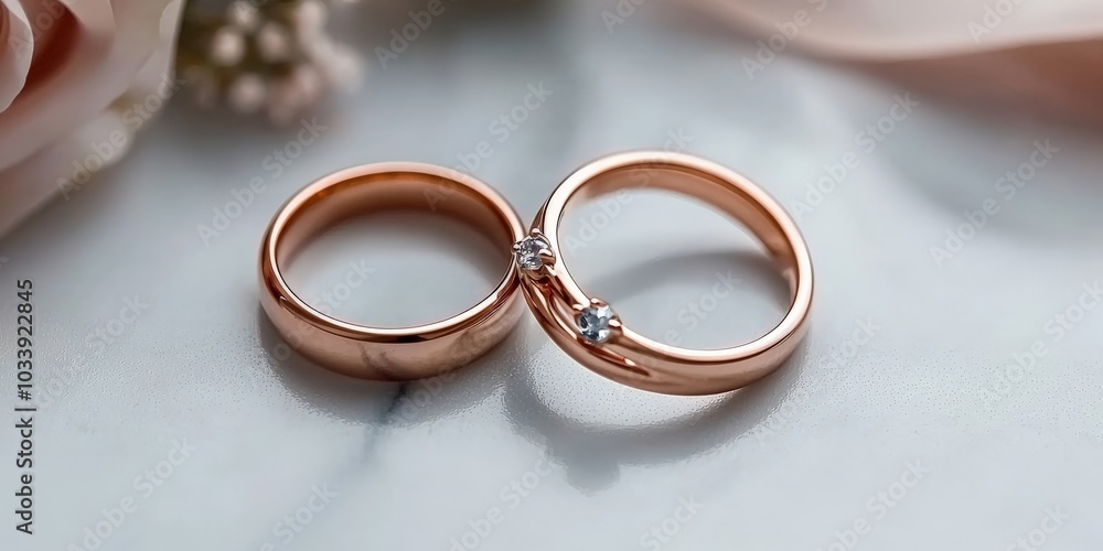 Rose gold wedding rings on a white marble surface, adorned with delicate floral hairpins and a velvet ribbon, the scene set with romantic blush tones and soft lighting Rose gold wedding rings on a white marble surface, adorned with delicate floral hairpins and a velvet ribbon, the scene set with romantic blush tones and soft lighting