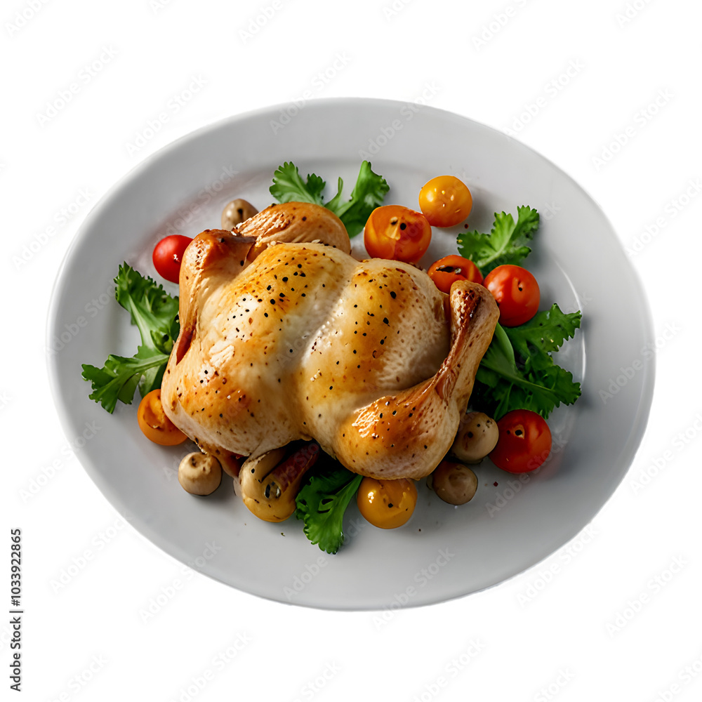 Roasted chicken served on a delicious plate with vegetables in the background Roasted chicken served on a delicious plate with vegetables in the background