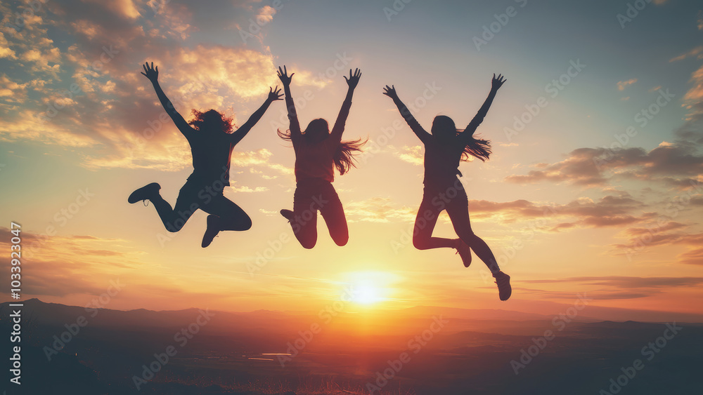 Group of people jumping in the air at sunset. Group of people jumping in the air at sunset.