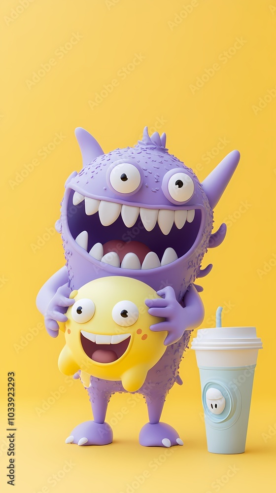 Playful purple monster with a yellow character, bright colors, cheerful mood. Playful purple monster with a yellow character, bright colors, cheerful mood.