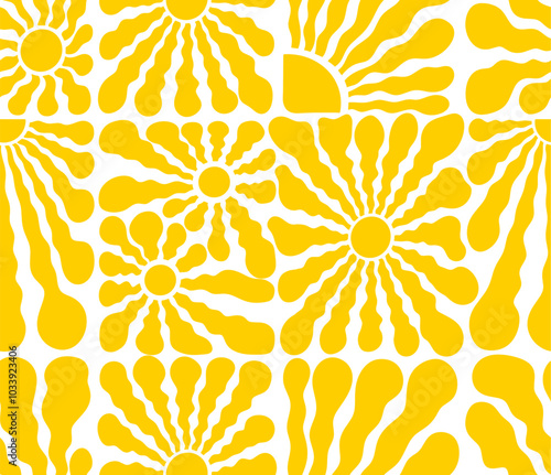 Seamless pattern Boho yellow retro groovy sun. Abstract wave ray pattern in trendy 70s style pattern. Graphic seamless fun hippie vector. Summer wallpaper. Groovy sun psychedelic vintage background.