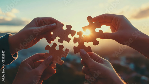 Four hands holding puzzle pieces against a sunset sky.