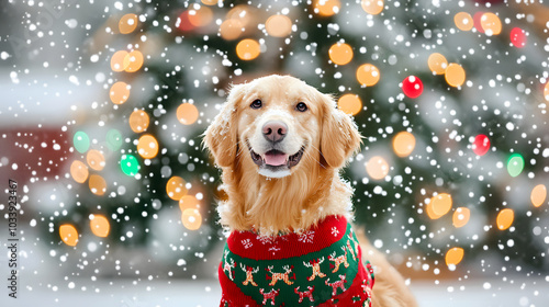 golden retriever wearing festive sweater smiles joyfully in snowy setting, surrounded by colorful holiday lights. scene captures warmth and cheer of season photo