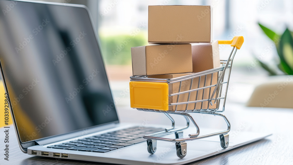 Miniature shopping cart filled with boxes on a laptop. Miniature shopping cart filled with boxes on a laptop.
