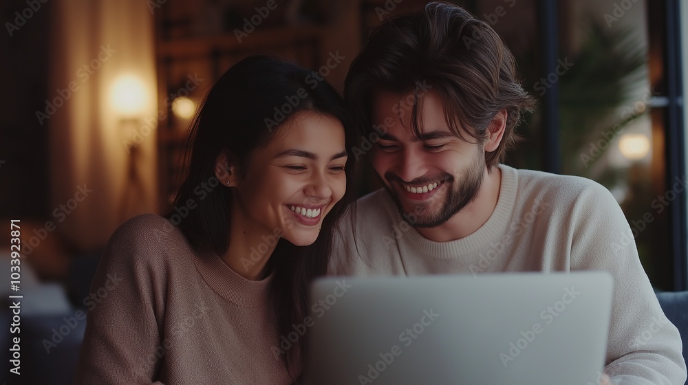 happy couple in love communicate via video call happy couple in love communicate via video call