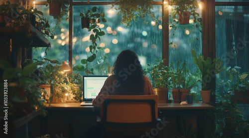 Wallpaper Mural Person Working on Laptop in Cozy Indoor Garden Ambiance  Torontodigital.ca