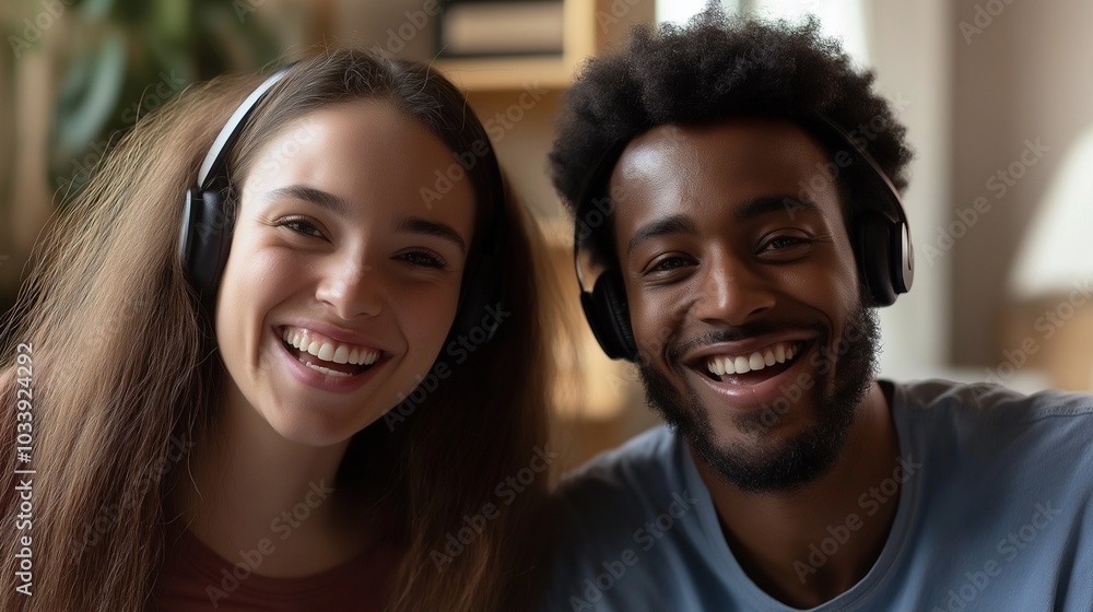 happy couple in love communicate via video call happy couple in love communicate via video call
