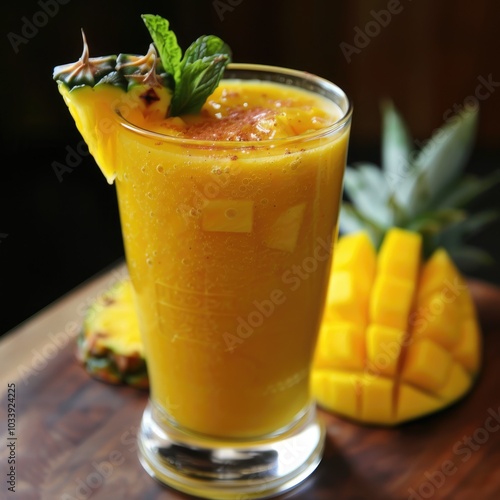 A glass of creamy mango smoothie with diced mangoes on top, with fresh mango slices and pineapple in the background. Concept of healthy tropical drink.