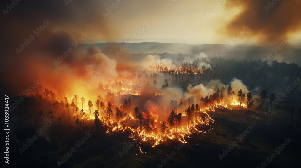 Fototapeta premium Dry grass burns on meadow in countryside at sunset. Wild fire burning dry grass in field. Orange flames and billowing smoke. Open fire.