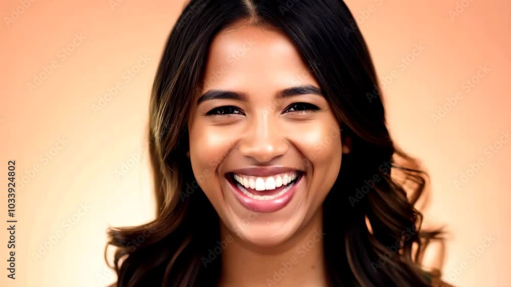Close-up of a Happy Young Woman with Long Brown Hair Laughing – Studio Lighting Close-up of a Happy Young Woman with Long Brown Hair Laughing – Studio Lighting
