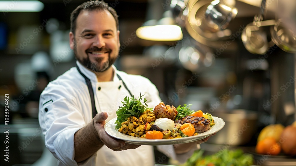 A chef holding a plate of beautifully arranged thanksgiving gourmet food, with a satisfied smile on his face, symbolizing high food expectations. The background is softly blurred with a shallow depth A chef holding a plate of beautifully arranged thanksgiving gourmet food, with a satisfied smile on his face, symbolizing high food expectations. The background is softly blurred with a shallow depth