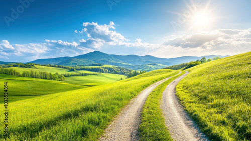 Winding road leading through rolling green hills under a blue sky with fluffy clouds.
