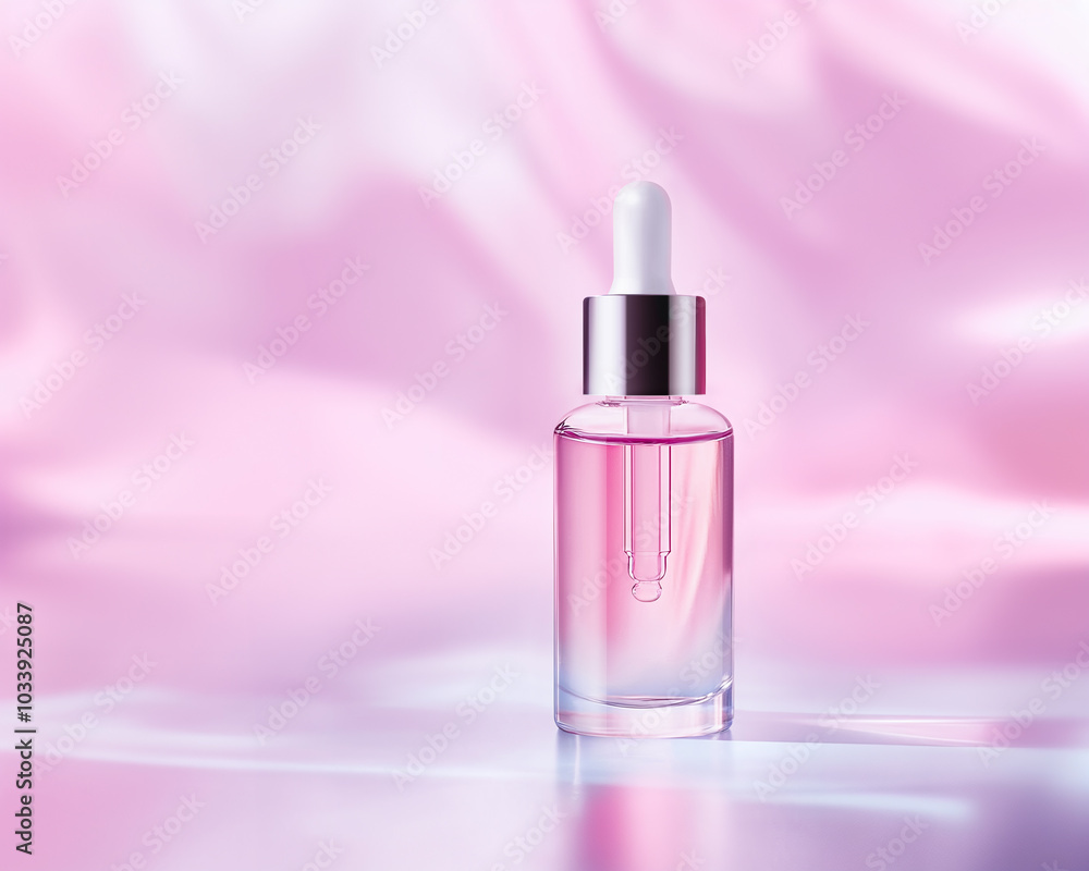 Glass bottle with pipette stands on soft pink background with caustic. Horizontal mockup of cosmetics for young girls Glass bottle with pipette stands on soft pink background with caustic. Horizontal mockup of cosmetics for young girls