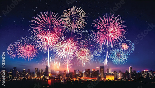 fireworks night sky with a city in the background