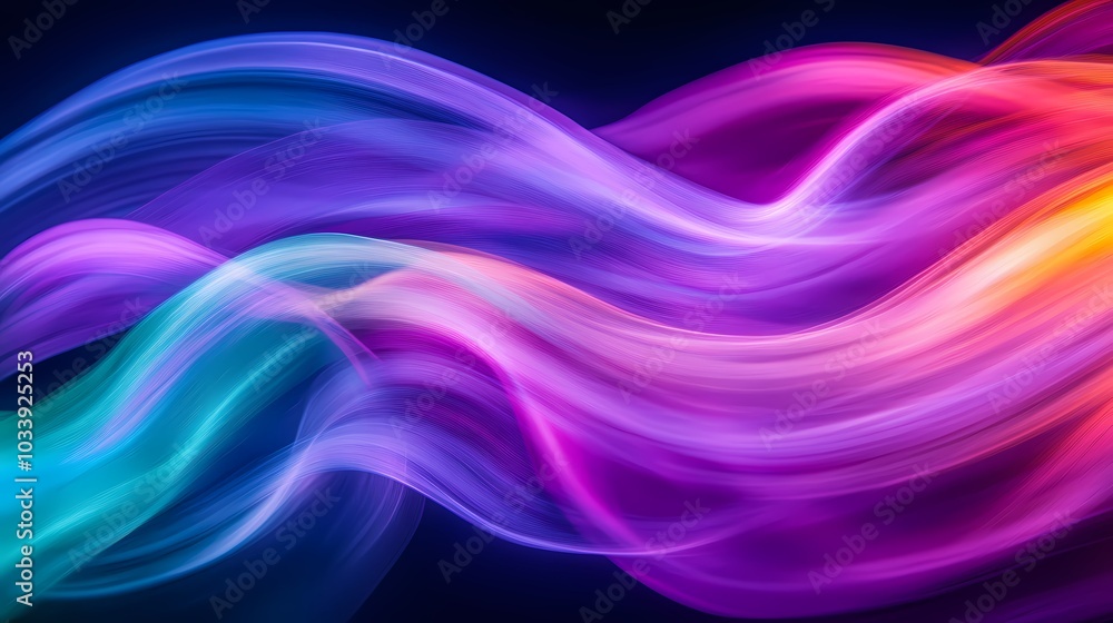 A vibrant swirl of colorful light waves on a dark background. A vibrant swirl of colorful light waves on a dark background.