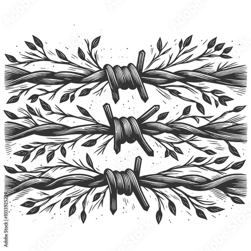 barbed wire entwined with delicate vines and leaves, contrast between nature and restriction in a stylized design sketch engraving generative ai vector illustration. Black and white image.