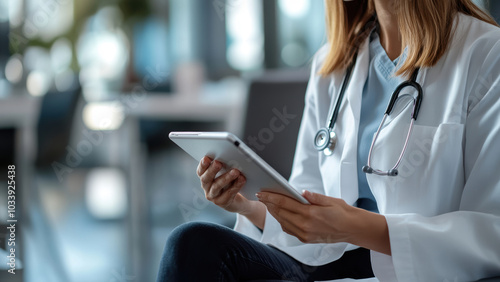 Close-up of a doctor using a tablet while showing something to a patient.