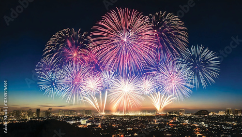 fireworks night sky with a city in the background photo