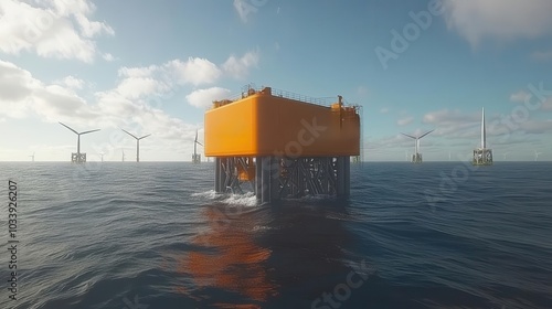 A vibrant offshore platform surrounded by wind turbines, showcasing renewable energy technology in a serene ocean setting. photo