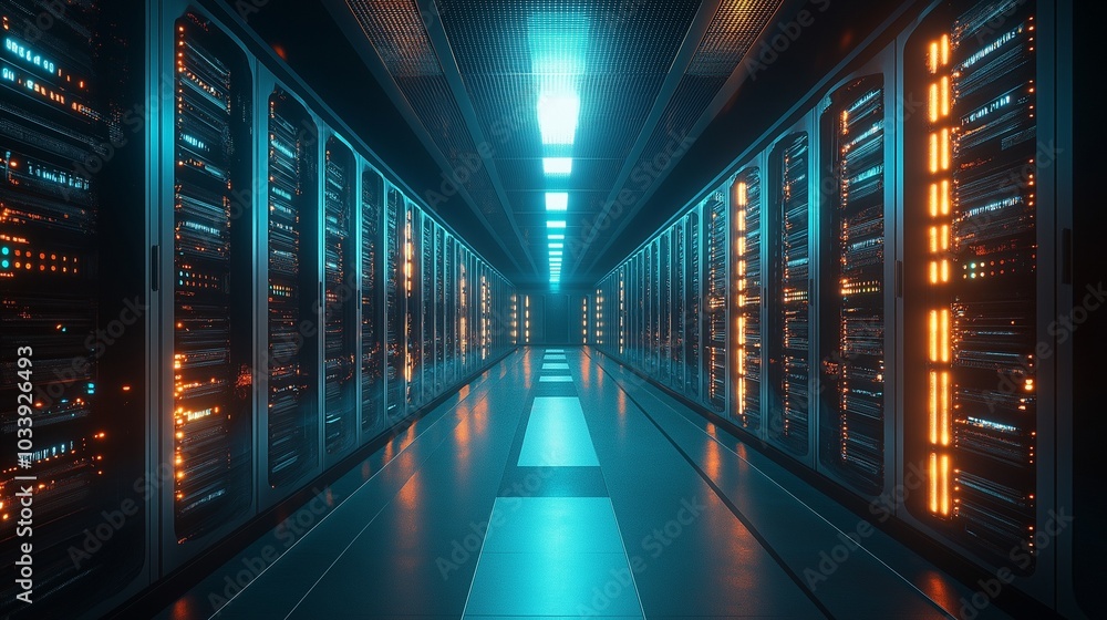 Data centers filled with rows of servers with blinking lights Data centers filled with rows of servers with blinking lights