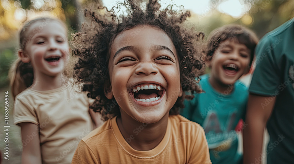 A group of happy children playing together, of mixed races and ages with diverse skin tones A group of happy children playing together, of mixed races and ages with diverse skin tones