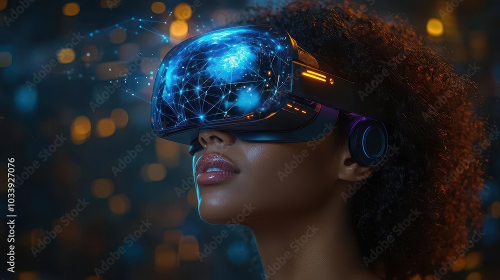 woman looking up while wearing vr glasses with a glowing hologram displaying a connected earth sphere and intricate lines symbolizing technologys impact on future connections woman looking up while wearing vr glasses with a glowing hologram displaying a connected earth sphere and intricate lines symbolizing technologys impact on future connections