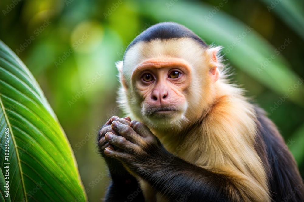 Fototapeta premium White-faced capuchin monkey close-up portrait in rainforest