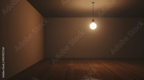 Dark empty room with single flickering light bulb casting long shadows, emphasizing absence of power and eerie atmosphere, minimalist setting with focus on light bulb's glow.