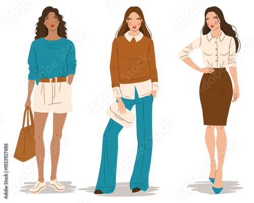 Vector flat illustration of fashionable women in colorful outfits. Fashion models, isolated on a white background.	