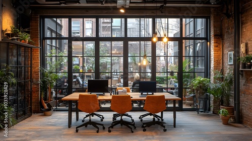 Futuristic co-working space designed for hybrid teams blending remote work with on-site collaboration