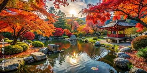 Autumn Serenity in a Japanese Garden: Maple Leaves Turning Red