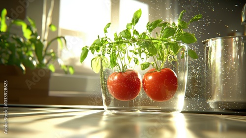 Vibrant Tomatoes and Herbs Glimmering in Soft Sunlight