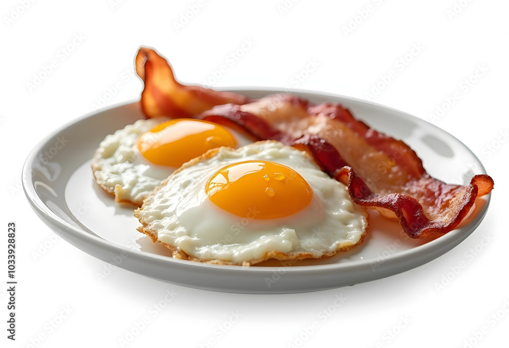 Delicious fried eggs with bright yellow yolks served alongside crispy bacon on white plate, perfect for hearty breakfast. Enjoy this classic combination! Delicious fried eggs with bright yellow yolks served alongside crispy bacon on white plate, perfect for hearty breakfast. Enjoy this classic combination!