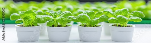 Vibrant Green Plants in White Pots on a Bright Background