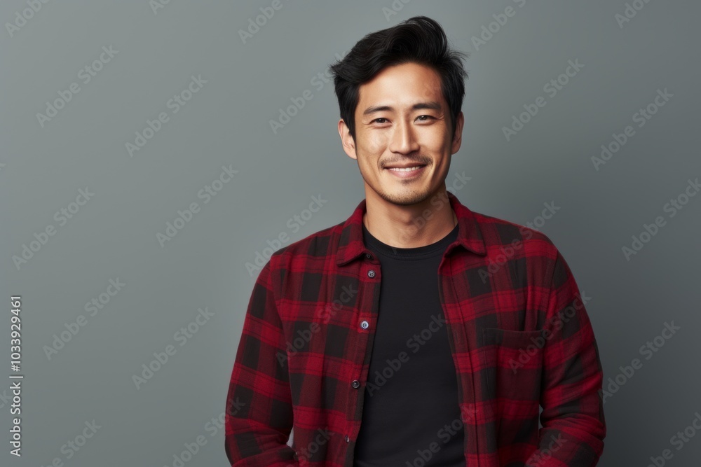 Fototapeta premium Portrait of a content asian man in his 30s wearing a comfy flannel shirt in front of soft gray background