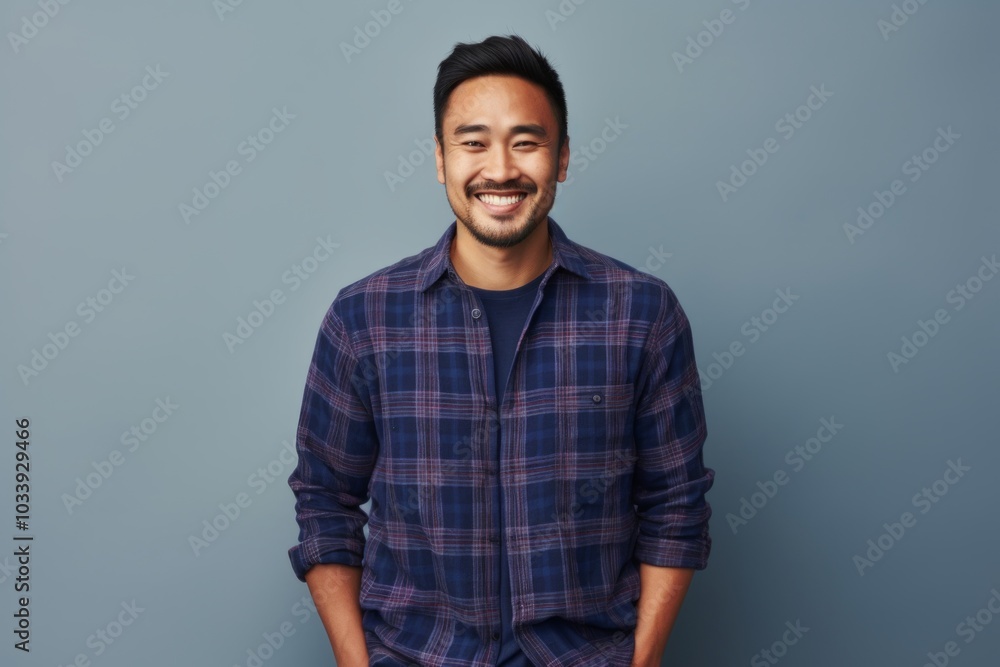 Portrait of a content asian man in his 30s wearing a comfy flannel shirt while standing against soft gray background Portrait of a content asian man in his 30s wearing a comfy flannel shirt while standing against soft gray background