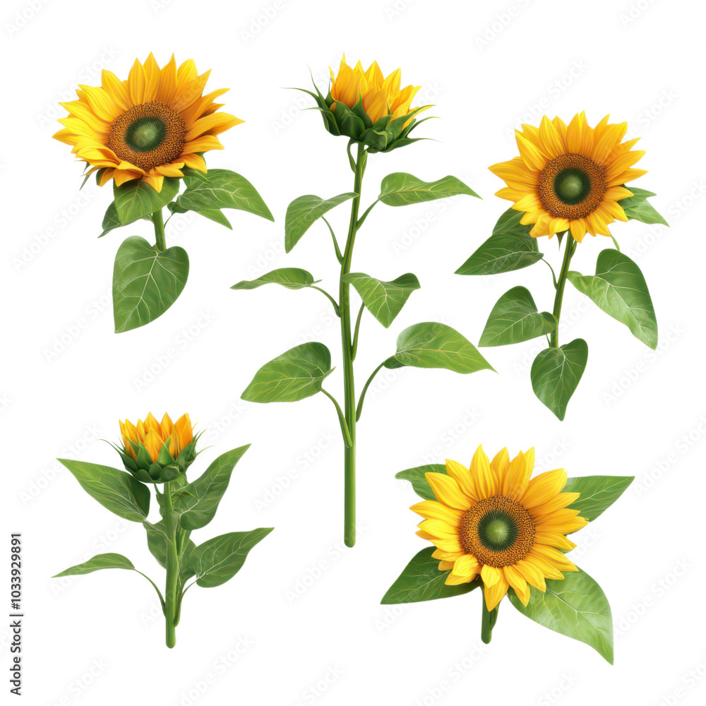 Vibrant Set of Realistic Sunflowers with Bright Yellow Petals Against a Natural Background Vibrant Set of Realistic Sunflowers with Bright Yellow Petals Against a Natural Background