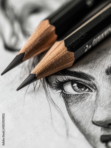 A close up of a pencil drawing of an eye with a black pencil in the center