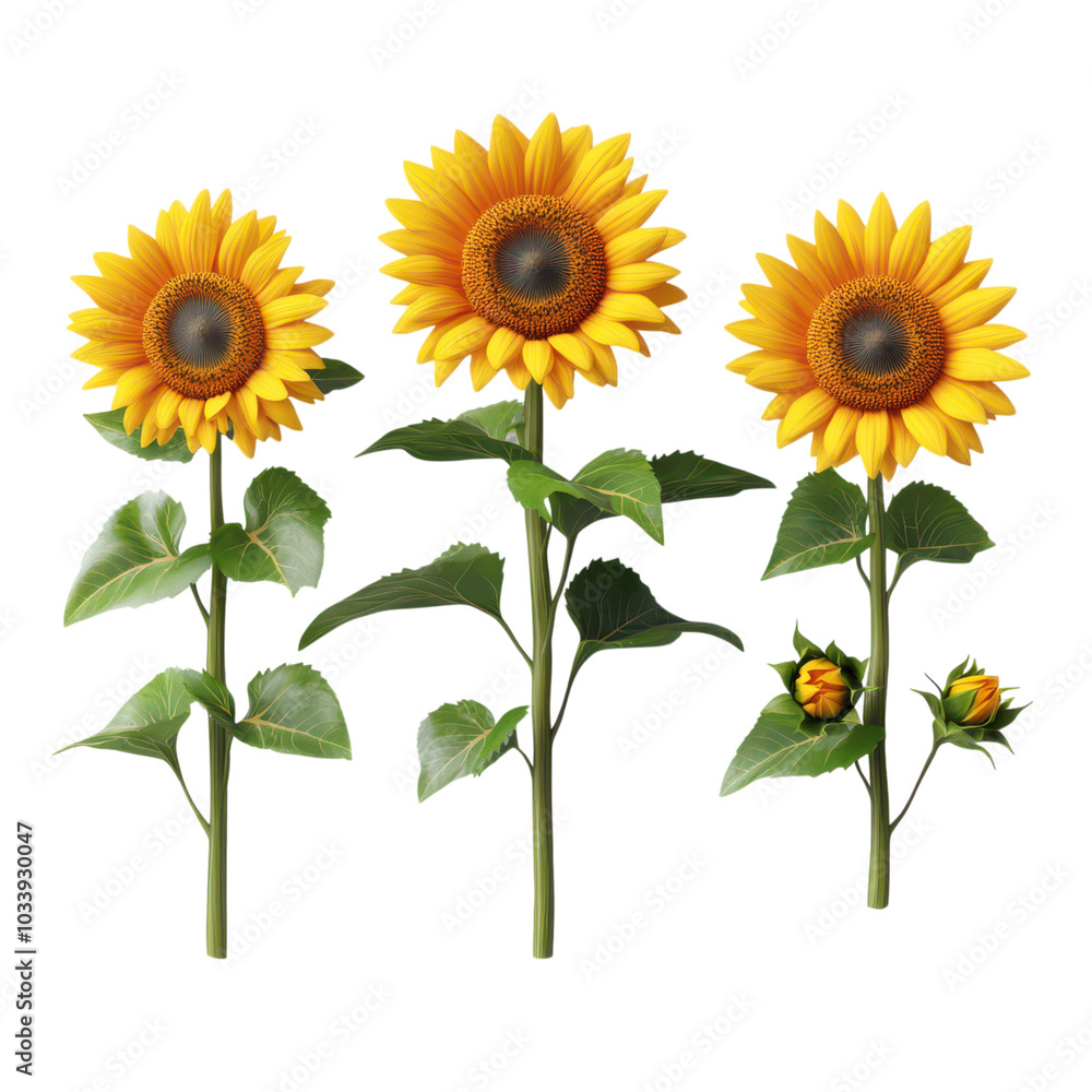 Vibrant Set of Realistic Sunflowers with Bright Yellow Petals Against a Natural Background Vibrant Set of Realistic Sunflowers with Bright Yellow Petals Against a Natural Background