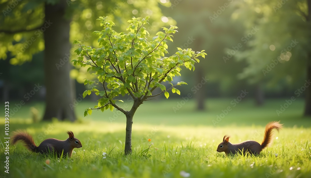 Fototapeta premium Squirrels playfully explore lush green park, surrounded by vibrant foliage and small tree. warm sunlight creates serene atmosphere, highlighting beauty of nature