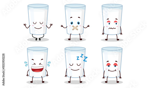 funny milk in glass cartoon with various expressions vector illustration