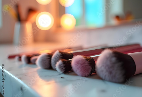 Soft and fluffy makeup brushes arranged neatly on marble countertop, illuminated by warm lights in background, creating cozy and inviting atmosphere photo